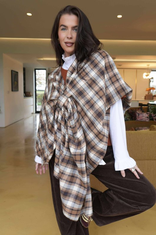 Roberta Plaid Brushed Cotton Drape Cape Camel